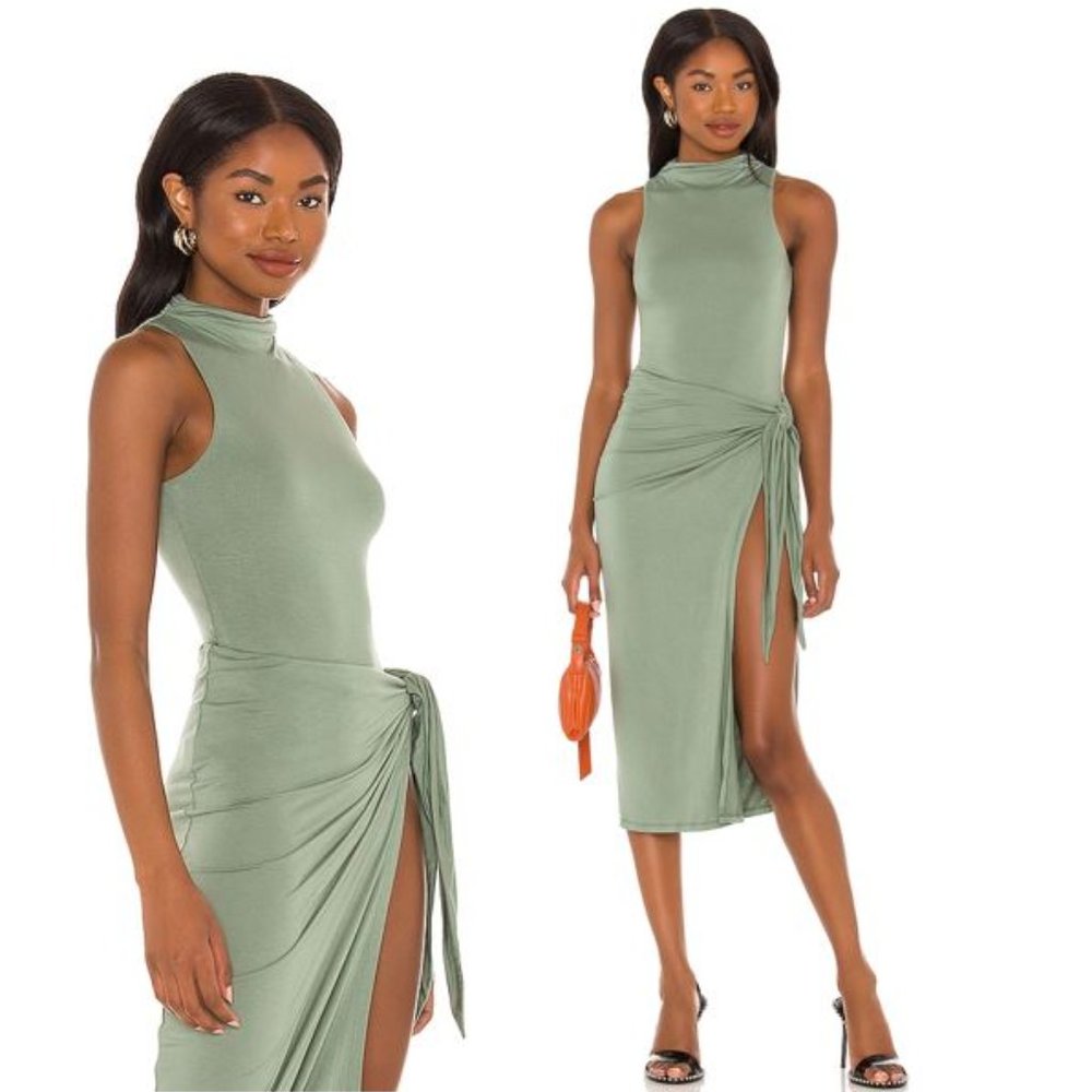 NBD Sage Green High-Neck Midi Dress with Side Tie